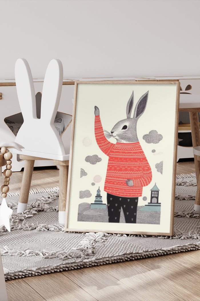 Cute animated rabbit wearing a red sweater nursery artwork decor