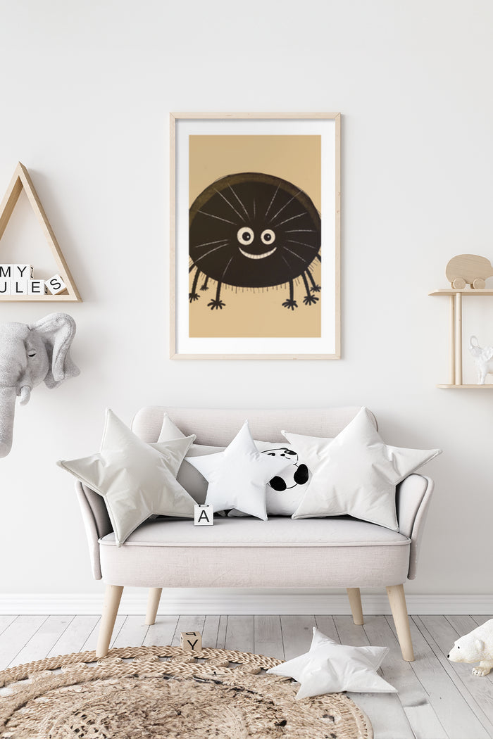 Smiling cartoon spider poster framed on a white wall in a stylish children's bedroom