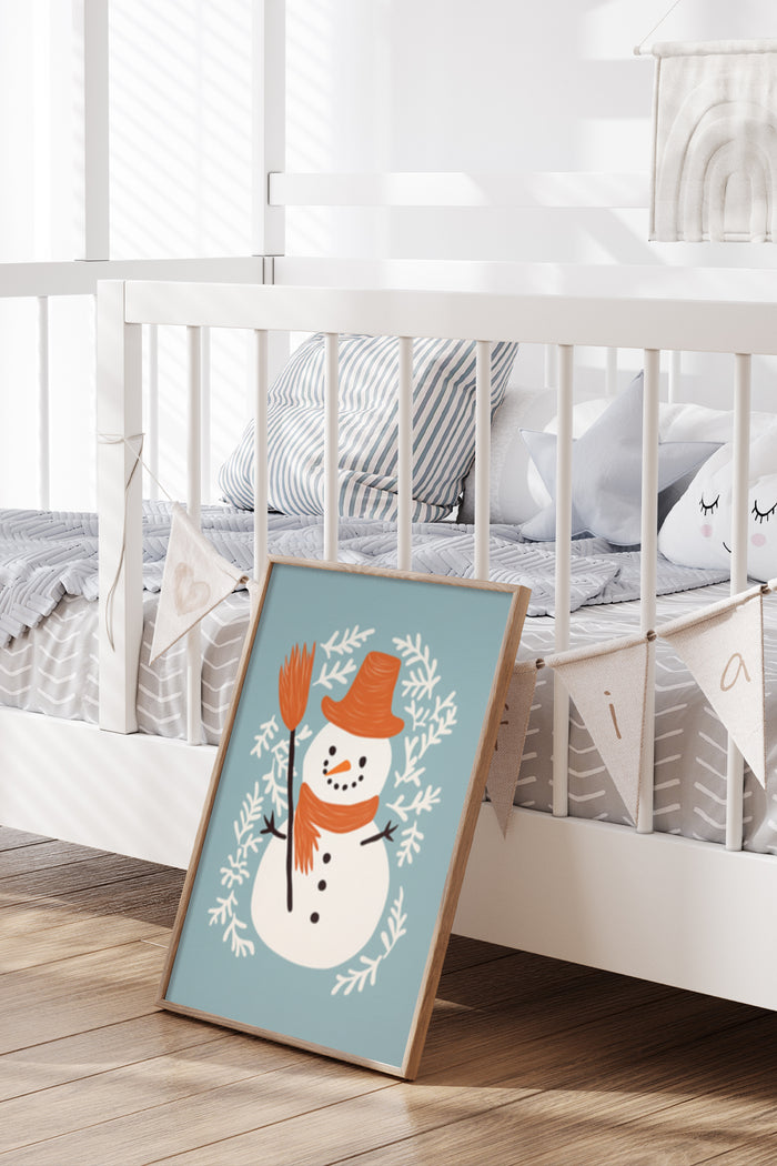 Charming children's nursery room with a cute snowman illustration poster