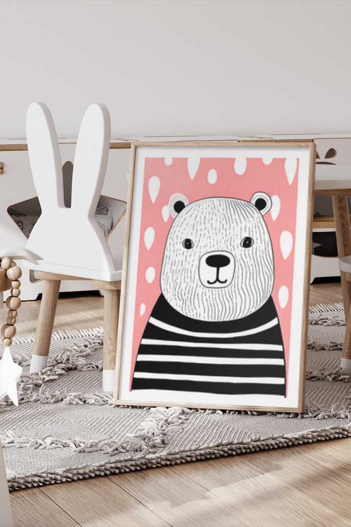 Cute striped bear poster on display in a modern nursery room decor