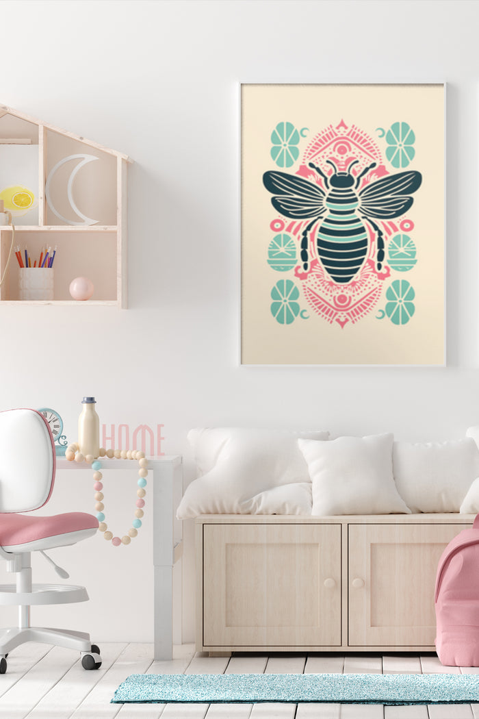 Modern decorative bee artwork poster in a cozy home interior setting