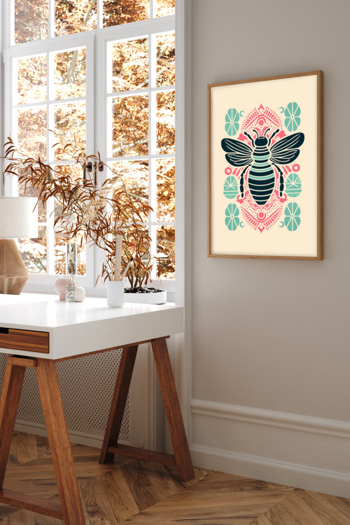 Stylish decorative bee poster with geometric patterns hanging in modern interior