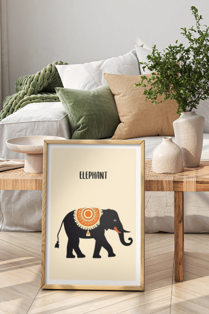 Stylish decorative elephant poster framed in a cozy modern bedroom setting