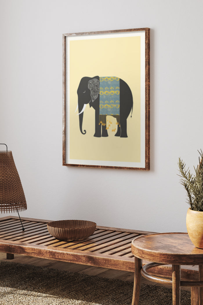 Stylish decorative elephant poster artwork in a modern interior setting