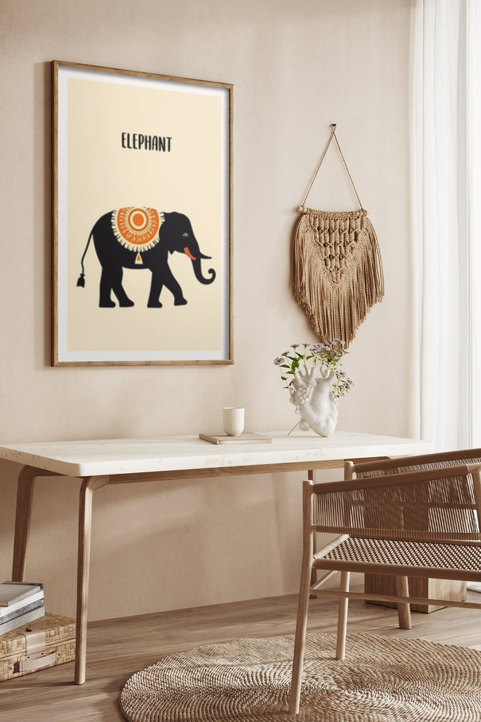 Modern decorative elephant poster in interior setting with wooden frame and beige wall color
