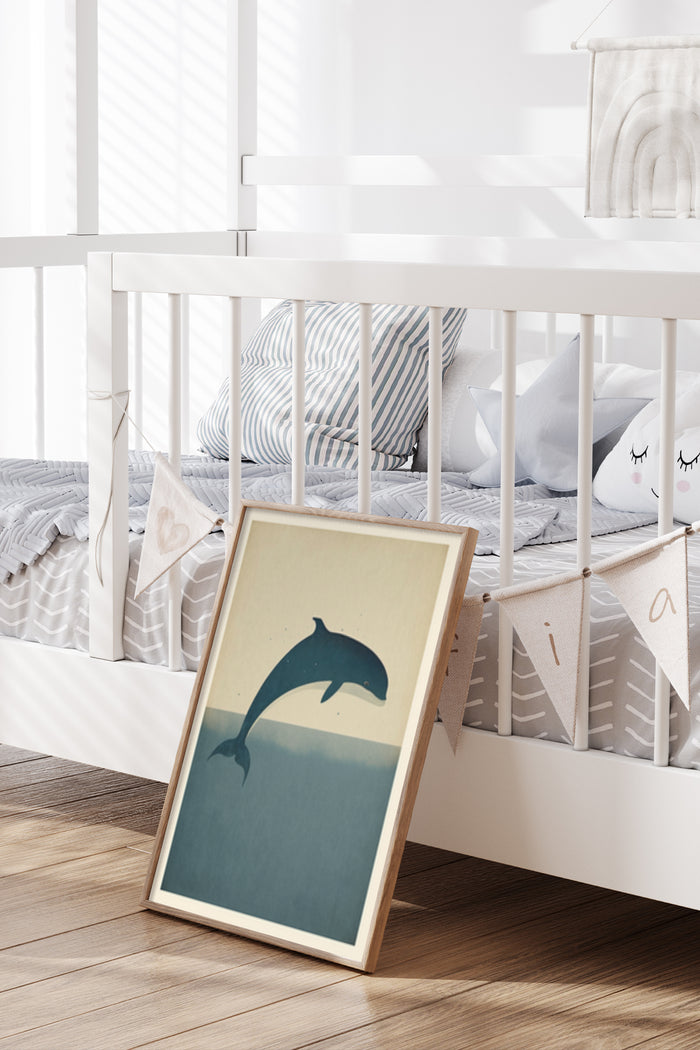 Ocean-themed dolphin jumping poster in a stylish baby nursery room setting