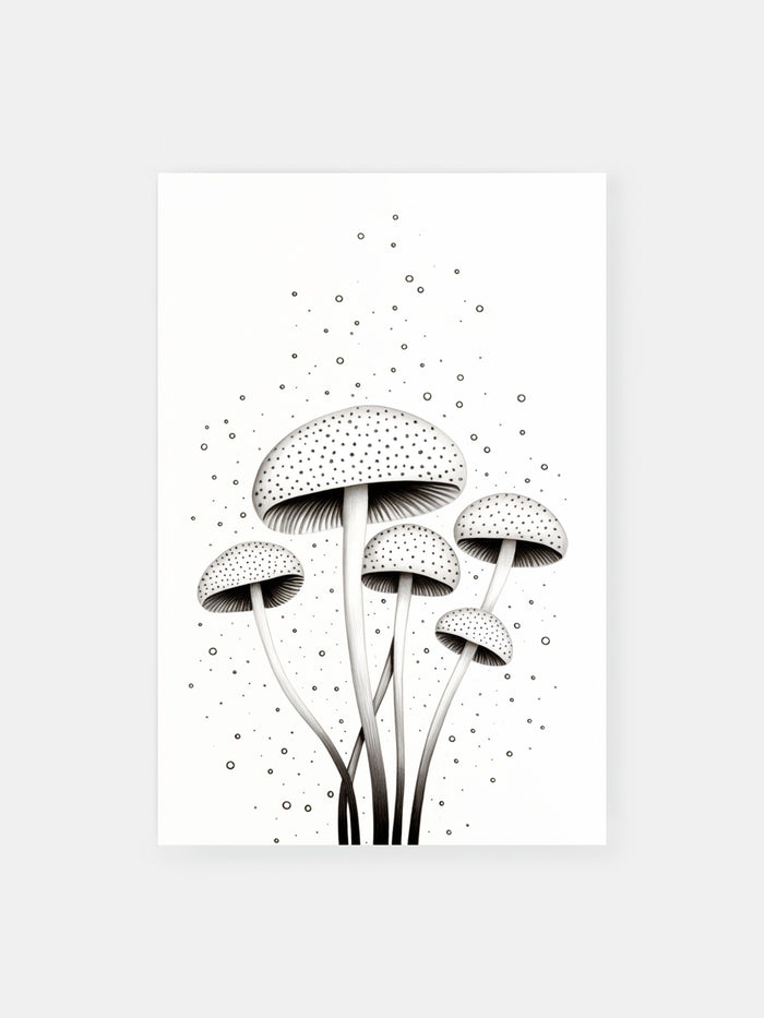 Dotted Black White Mushrooms Poster