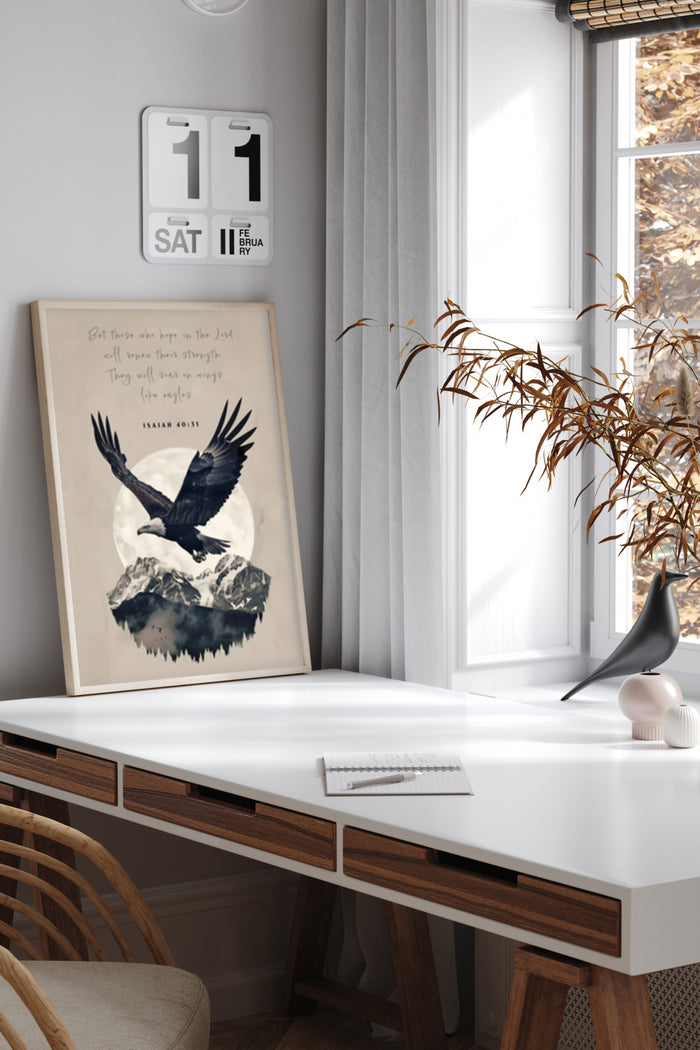 Inspirational Isaiah 40:31 eagle and mountain poster in a modern home office