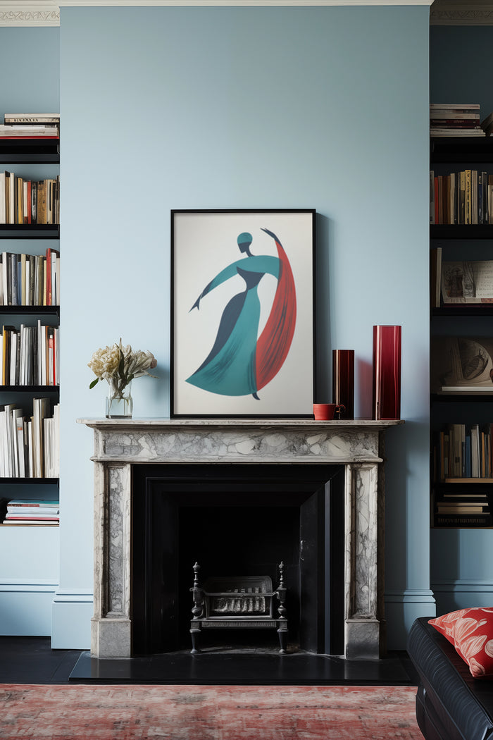Abstract elegant female figure painting in teal and red colors displayed above a fireplace in a stylish living room setting