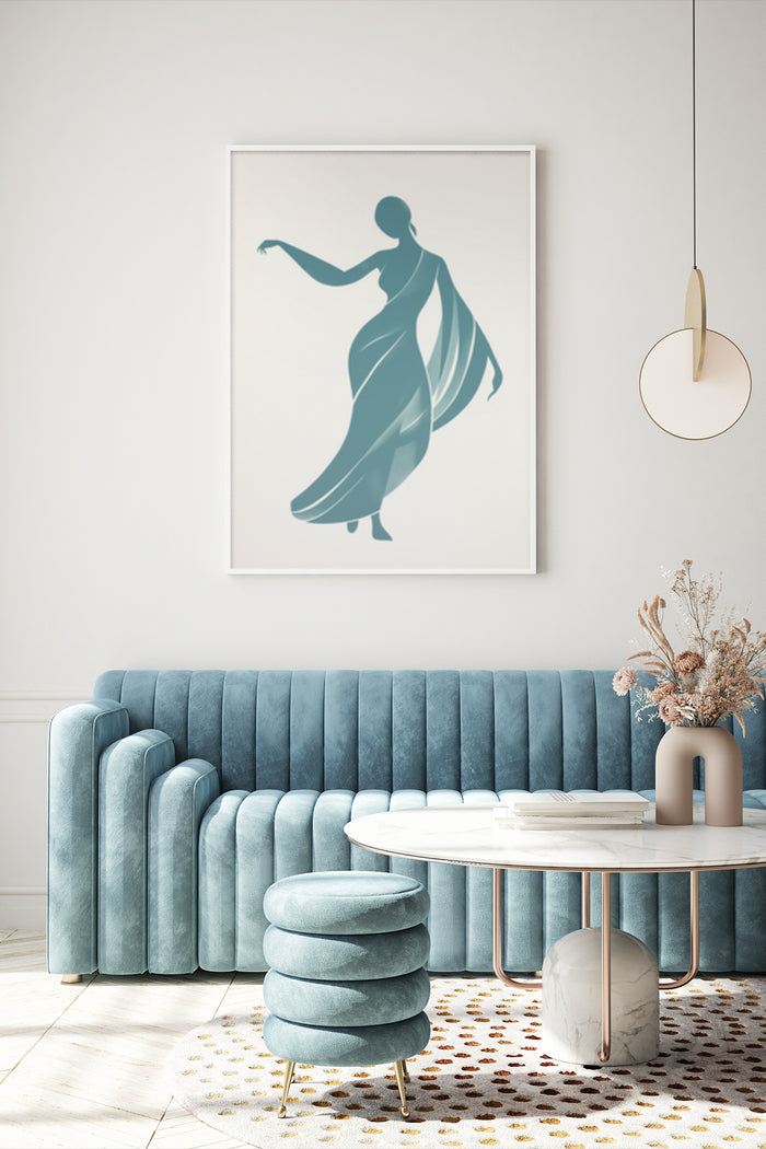Elegant abstract silhouette of a dancer poster art in a modern living room interior