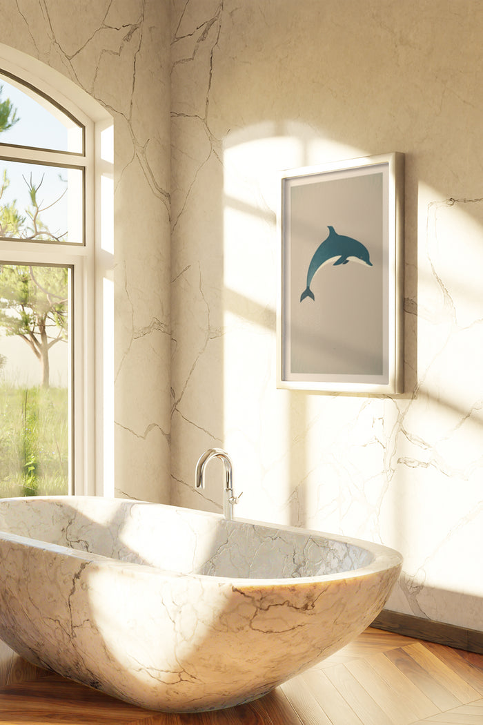Elegant bathroom interior with marble bathtub and framed dolphin artwork on the wall