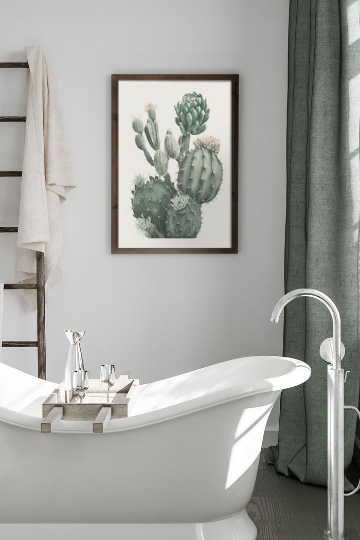 Stylish modern bathroom interior with a framed cactus poster on the wall