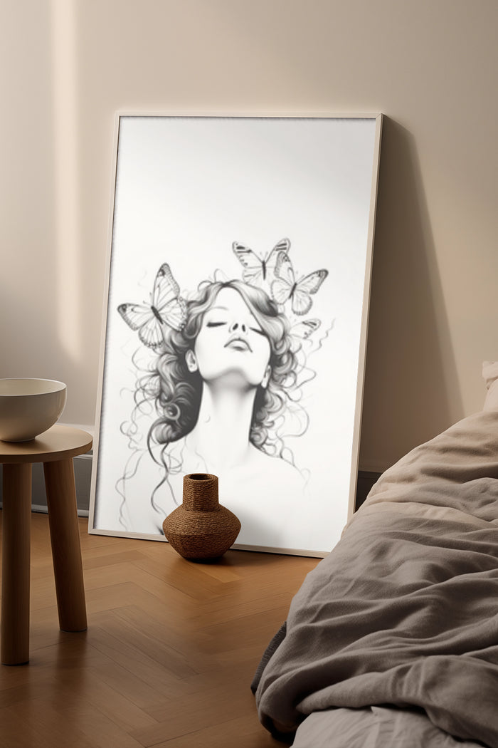 Elegant black and white poster of a woman with butterflies in a modern bedroom setting