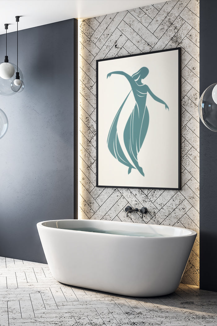 Elegant turquoise dancer silhouette art poster framed on a bathroom wall