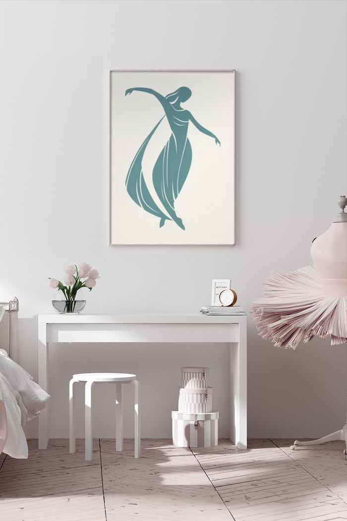 Elegant silhouette of a dancing woman poster on wall in a stylish modern bedroom interior