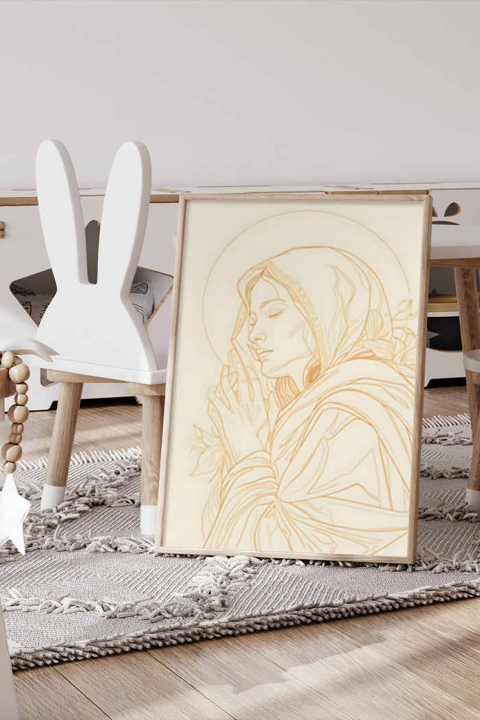 Elegant line art poster of a female figure praying in a modern interior setting