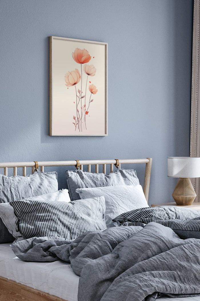 Modern elegant floral poster with stylized poppy flowers in a bedroom interior design