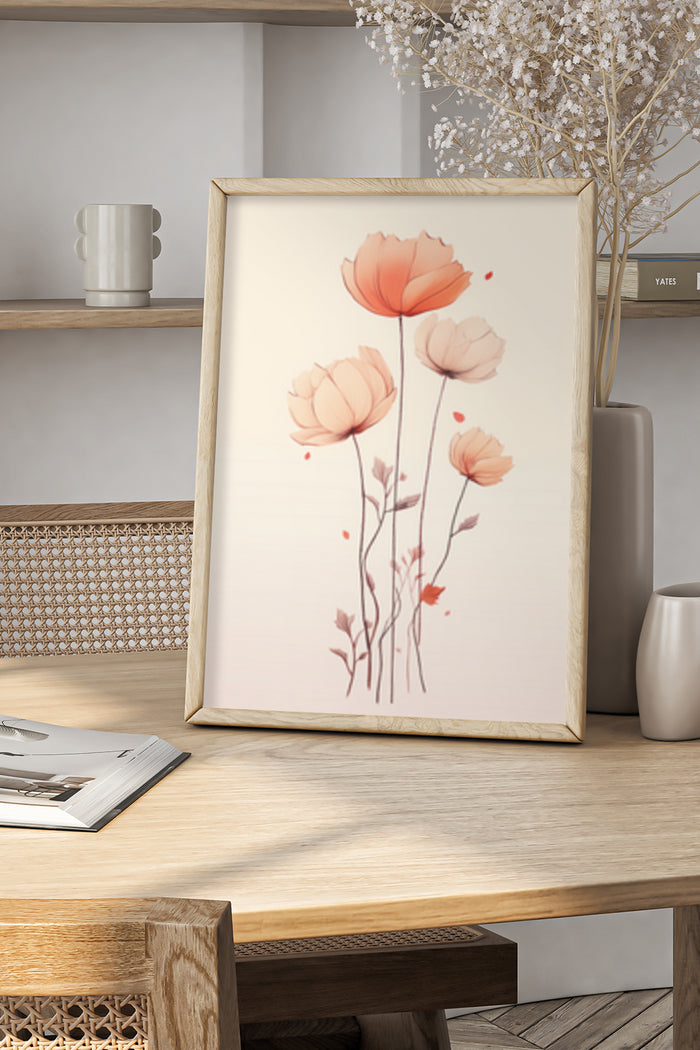 Beautiful elegant pink and orange poppy flowers artwork poster framed in a modern home interior