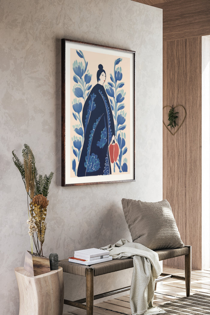 Stylish floral inspired poster with a female figure on modern interior wall beside wooden bench and indoor plant