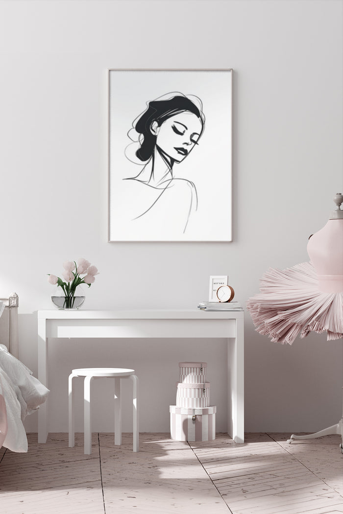 Elegant minimalist female portrait artwork on poster hanging in a stylish modern bedroom interior