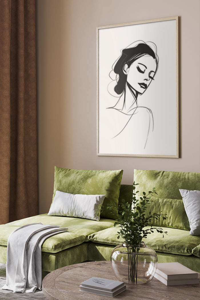 Elegant black and white minimalist line drawing of a female on a poster in a chic living room setting