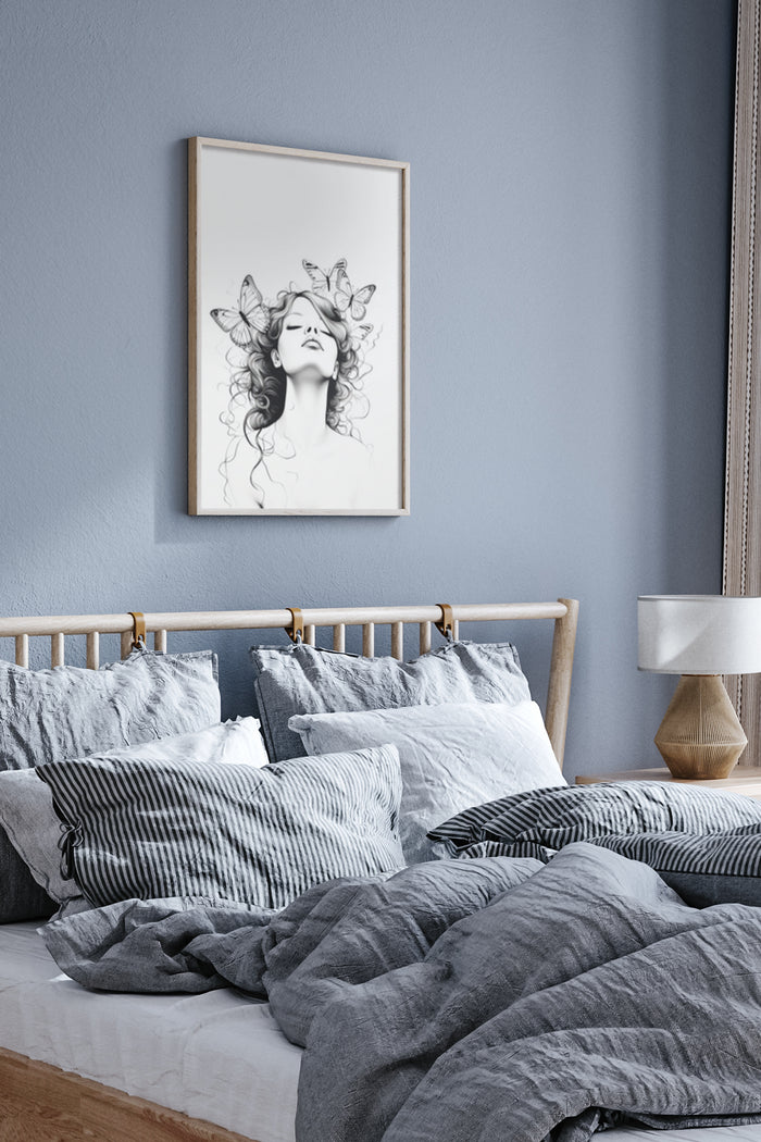 Elegant monochrome artwork of a woman with butterflies in a modern bedroom setting
