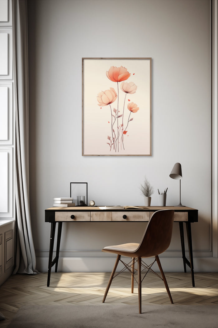 Elegant Orange Poppies Wall Art Poster Mounted Above Desk in Contemporary Interior Design