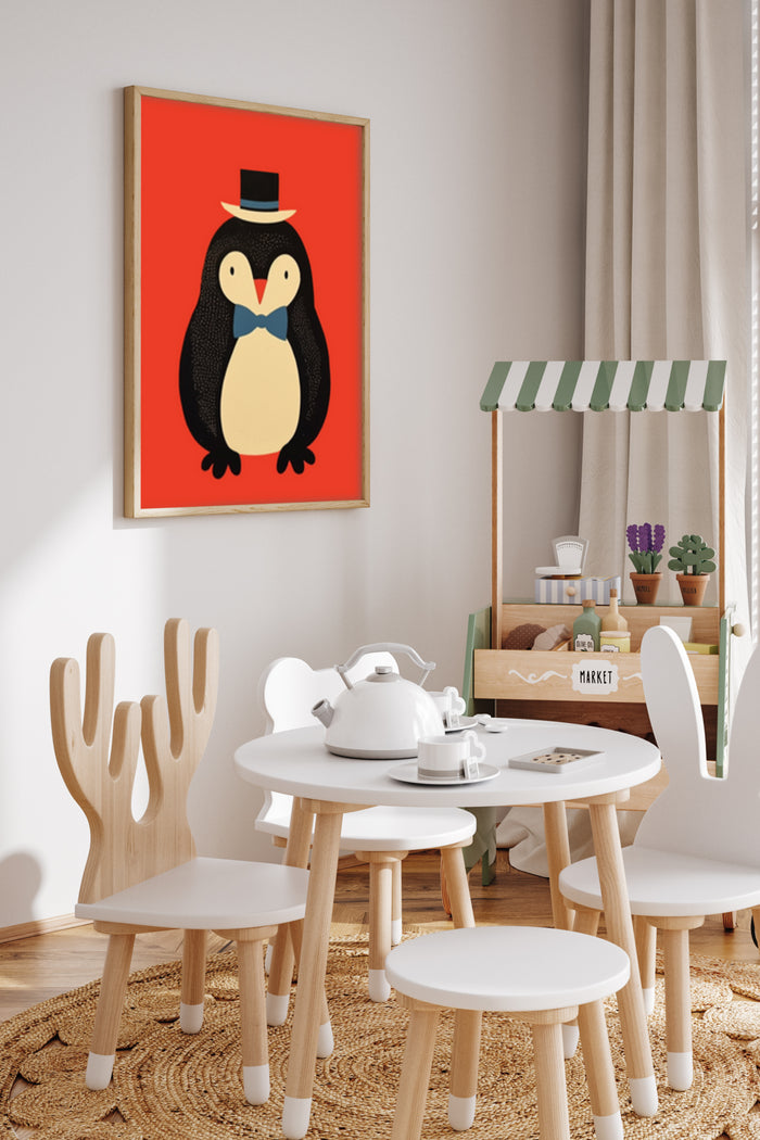 Cartoon penguin with top hat and bow tie poster displayed in stylish room decor