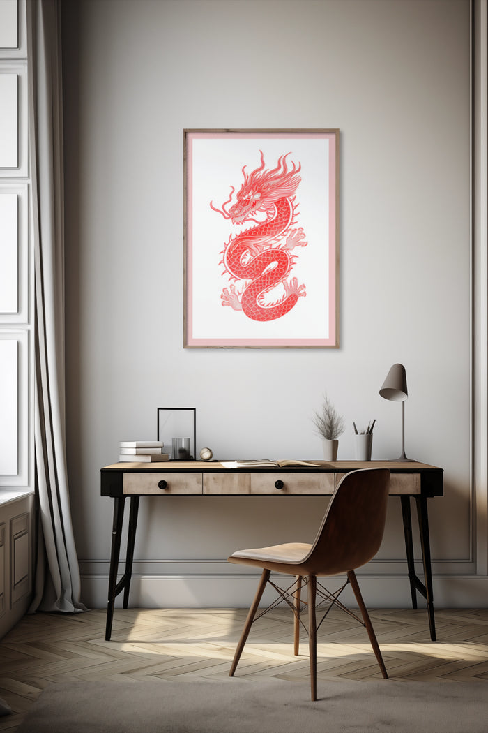 Elegant red dragon poster framed on a wall in a modern room with a stylish writing desk and chair