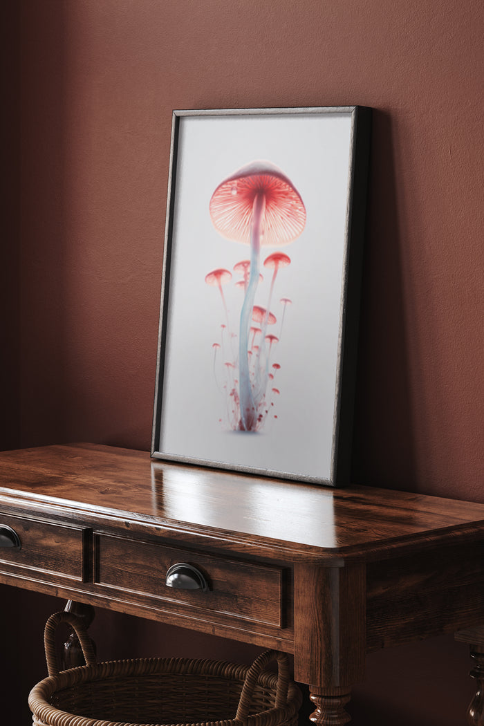 Elegant Red Mushroom Framed Art Poster on Wooden Console Table