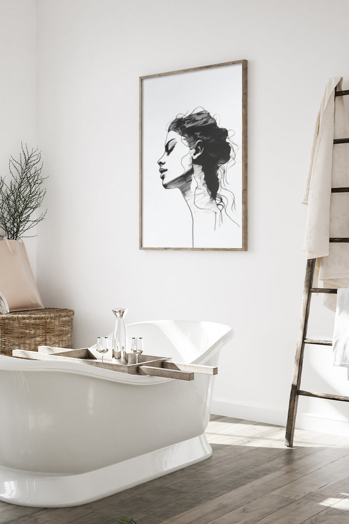 Elegant line art poster of a woman’s side profile in a contemporary bathroom setting