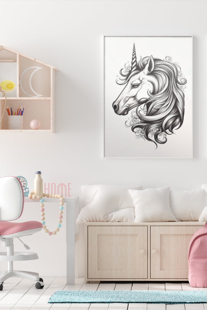 Elegant Unicorn Head Artwork Poster in Stylish Modern Living Room