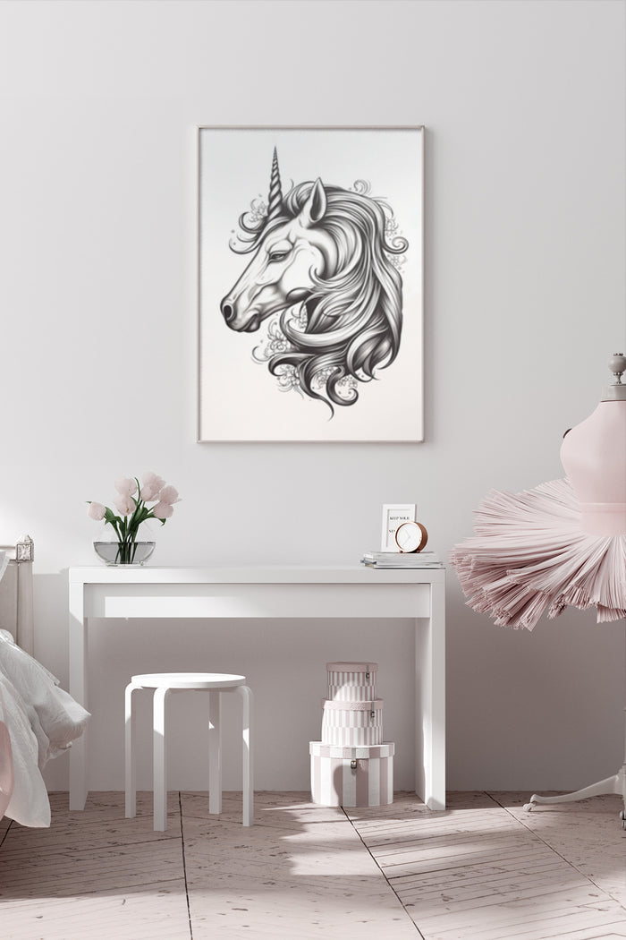 Elegant monochrome unicorn artwork on poster framed and displayed in a contemporary bedroom setting