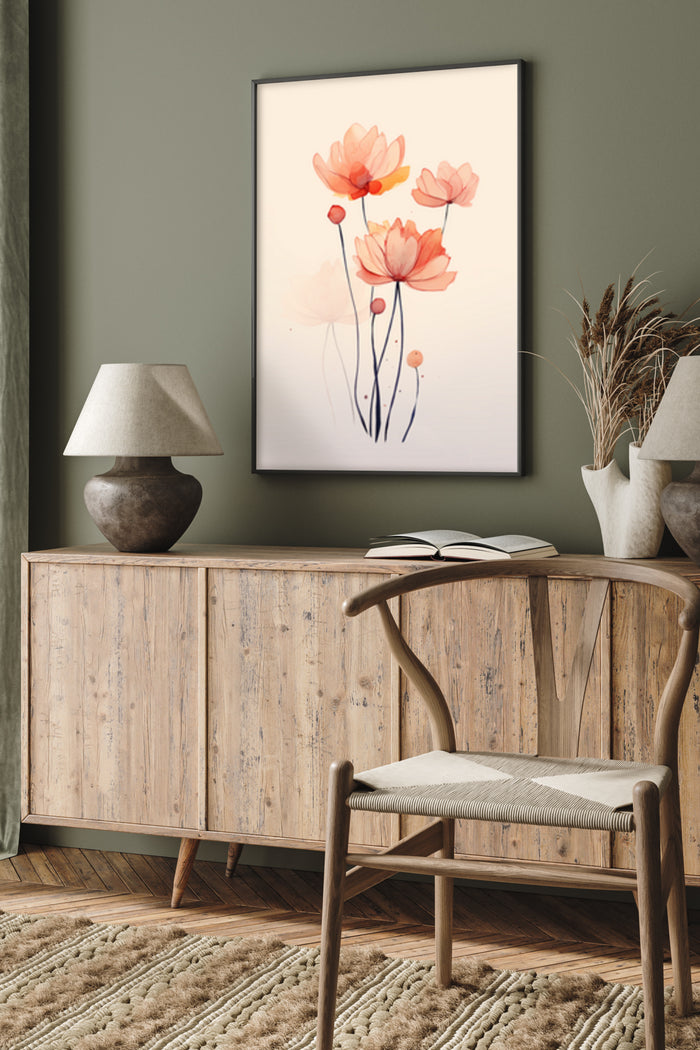 Elegant Watercolor Red Poppies Poster in Home Interior with Wooden Furniture