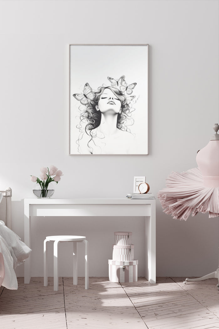 Elegant woman with butterflies black and white artwork poster in modern interior
