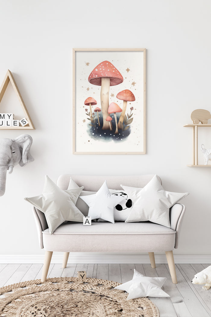 Enchanted Forest Mushroom Art Poster in Kids Room Decor Setting