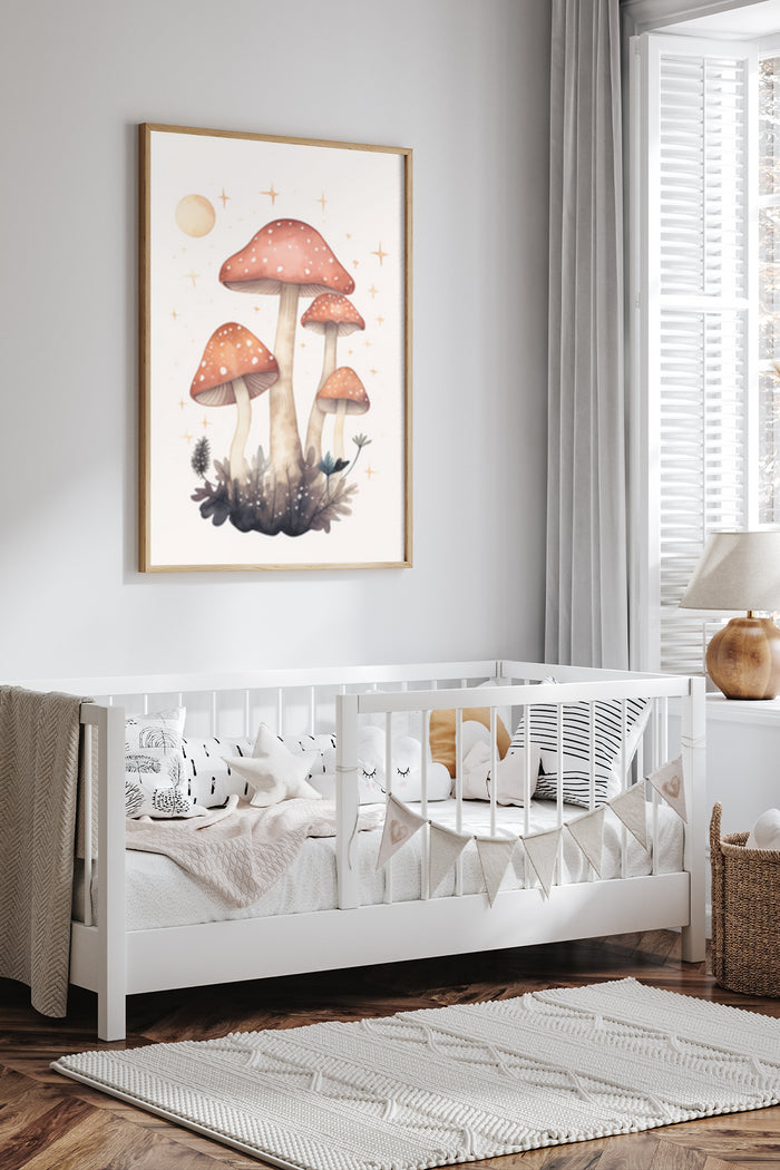Enchanted forest style mushroom artwork poster in a cozy nursery room setting