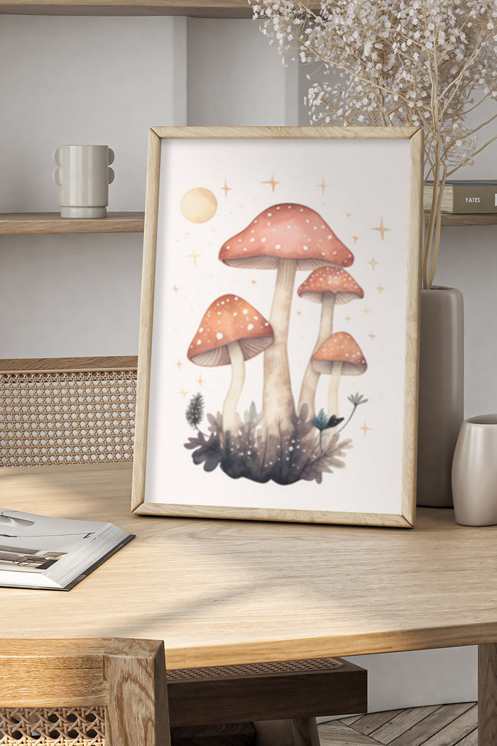 Enchanted Forest Mushrooms Art Poster in a Wood Frame on Display