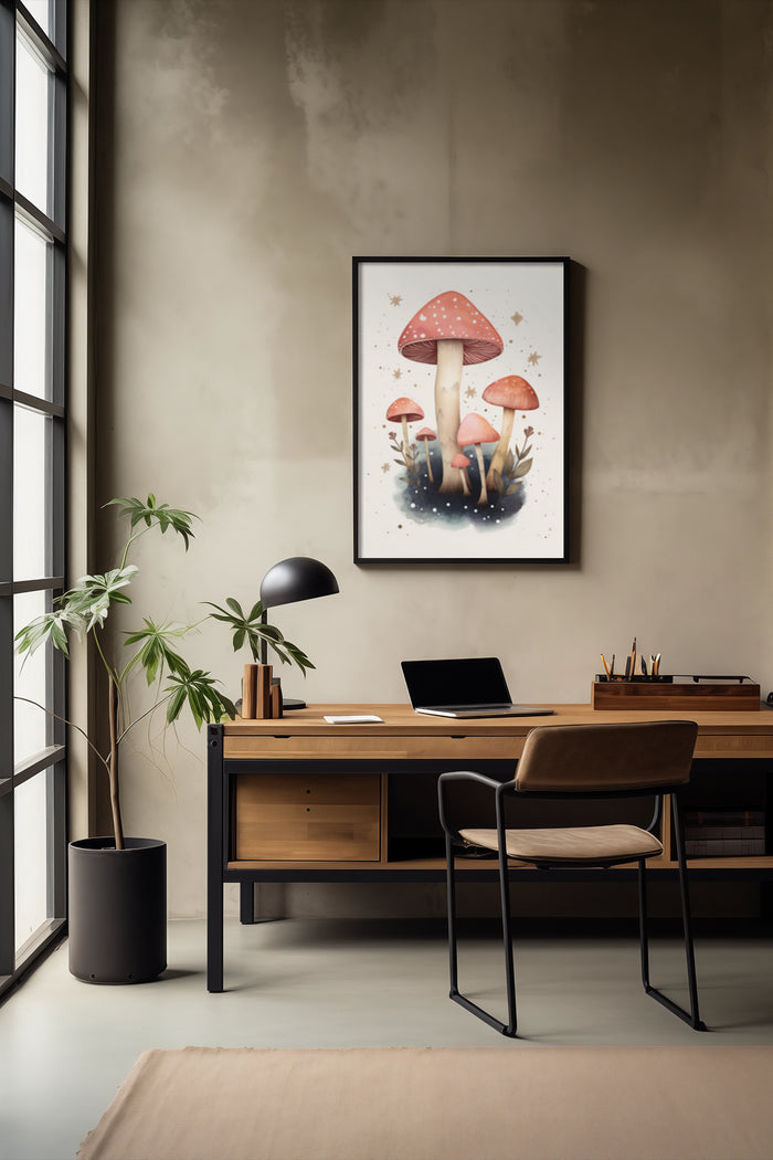 Fantasy-inspired mushroom artwork poster displayed in a contemporary office setting