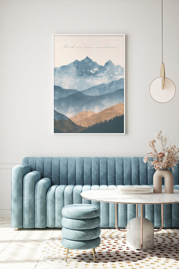 Inspirational Faith Can Move Mountains Poster Art Displayed Above Blue Velvet Sofa in Stylish Interior