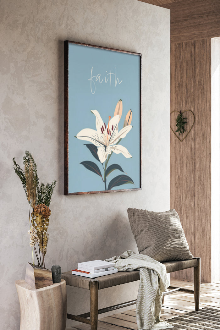 Inspirational 'faith' wall art poster with lily flower design in a modern home decor setting