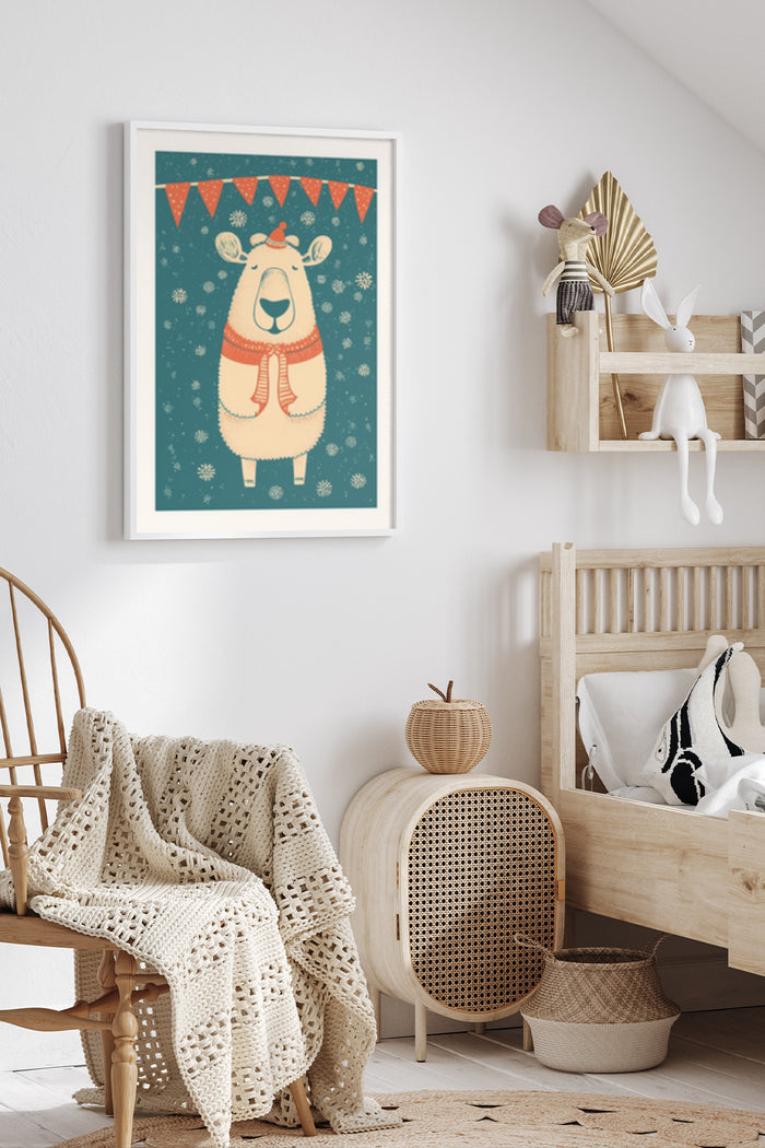 Festive cartoon bear with scarf and party hat poster in a stylish children's room setting