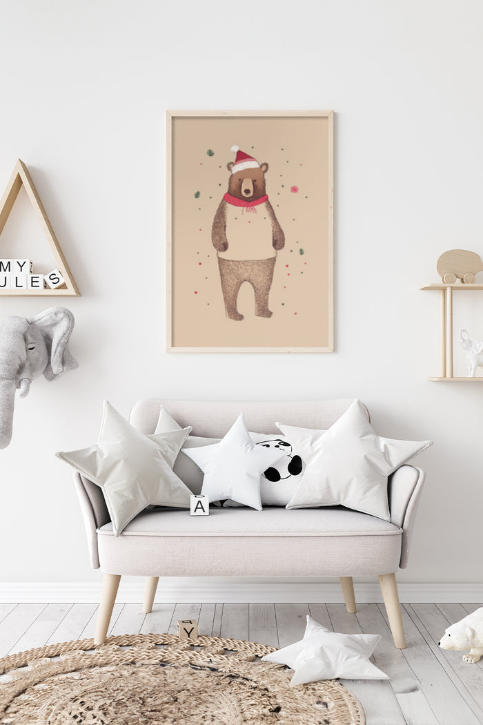 Christmas themed illustration of a bear with a Santa hat in a stylish home decor setting
