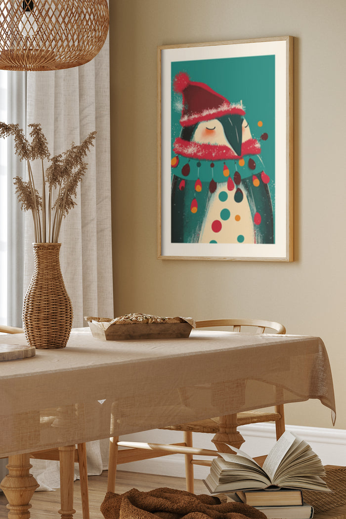 Festive Christmas Penguin Illustration Poster Framed in a Cozy Interior Decor