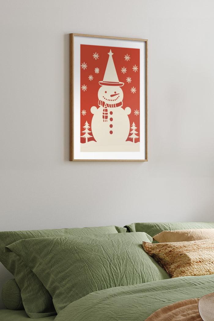 Festive red snowman Christmas poster with snowflakes and trees decoration hanging in a bedroom