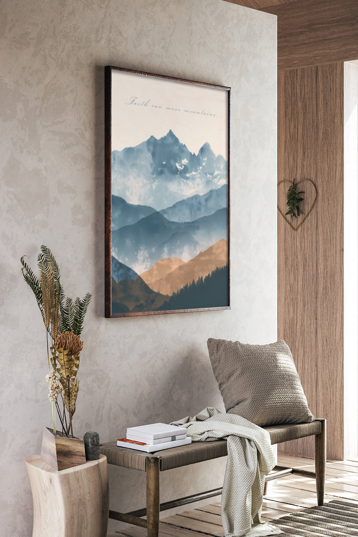 Inspirational mountain poster with 'Find your own mountain' quote in a stylish home interior
