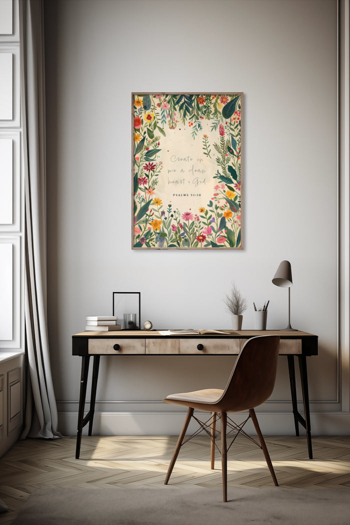 Floral Inspirational Poster with Psalm 51:10 Quote Displayed in Modern Home Office