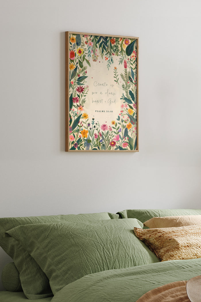 Floral inspirational poster with the quote 'Create in me a clean heart, O God' from Psalms 51:10 on a bedroom wall