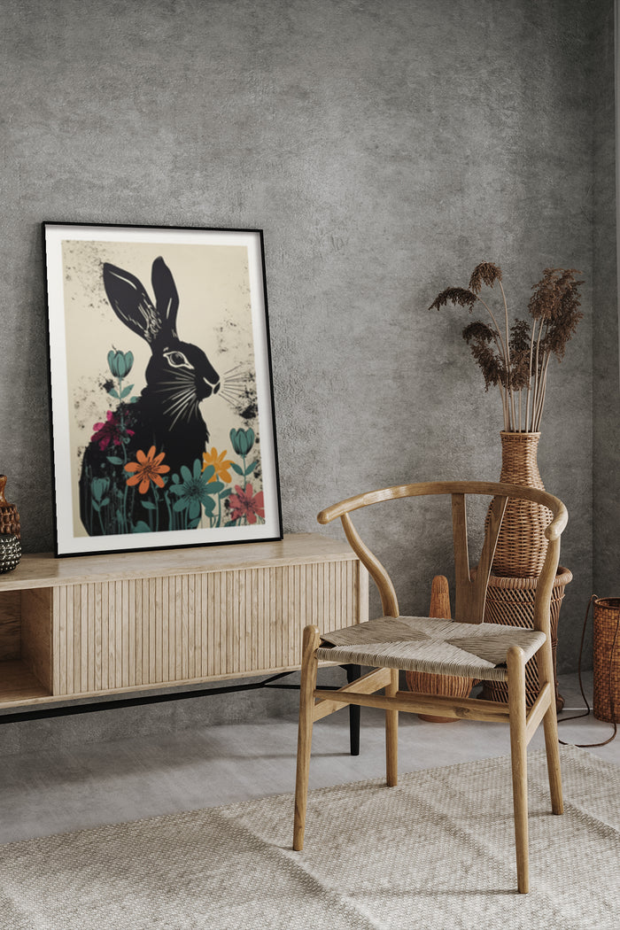 Contemporary floral silhouette rabbit artwork in modern interior setting