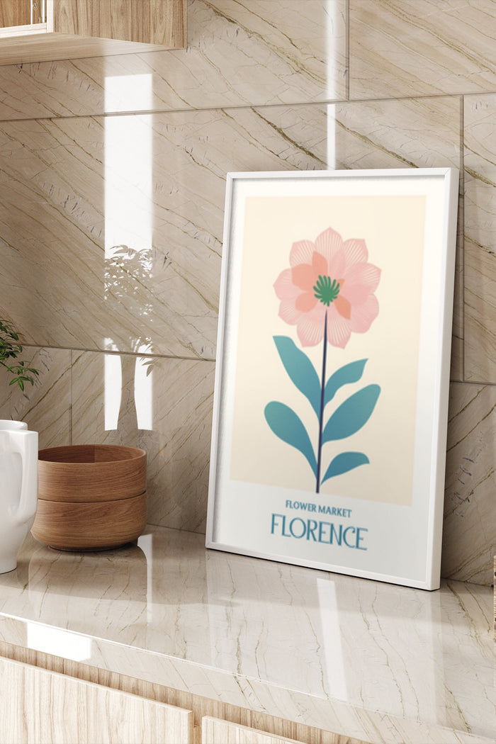 Elegant pink flower design poster with 'Flower Market Florence' inscription, displayed in a modern interior